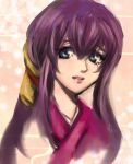  bangs basilisk_(manga) blue_eyes bust cart_z eyelashes iga_oboro light_smile long_hair parted_lips pink_background ponytail purple_hair solo 