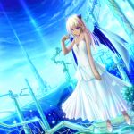  bare_shoulders blonde_hair blue_eyes dress dutch_angle highres horns jewelry long_hair open_mouth original pendant sky solo tenmaso tower wings 