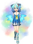  ahoge alternate_costume ascot bare_shoulders bike_shorts blue_eyes blue_hair bow cirno dress fang gojuuroku hair_bow hair_ornament hairpin ice ice_wings open_mouth sailor_collar sandals smile solo touhou wings 