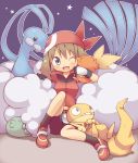  :d ;d altaria animal bandana bandanna bike_shorts bird blue_background blue_eyes blush brown_hair cloud clouds creature gloves gulpin haruka_(pokemon) kuro_(kuroneko_no_kanzume) lying o3o open_mouth pokemon pokemon_(game) pokemon_rse scraggy sitting smile torchic wince wink 