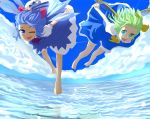  barefoot blue_eyes blue_hair blush bow cirno daiyousei dress flying green_hair hair_bow ice ice_wings ishikkoro multiple_girls open_mouth short_hair short_sleeves smile touhou wings wink 