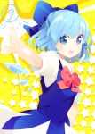  &#9320; ? blue_eyes blue_hair blush bow cirno dress hair_bow ice ice_wings looking_at_viewer namie-kun open_mouth pointing puffy_sleeves short_hair short_sleeves solo touhou wings ã¢â€˜â¨ â‘¨ 