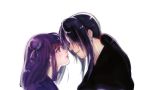  1girl basilisk_(manga) black_hair blue_background blue_eyes couple graphite_(medium) hair_over_eyes hotarubi long_hair ponytail profile purple_hair shiratake short_hair side side_ponytail traditional_media yashamaru 