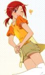  ;d apron casual from_behind hair_tie heart hino_akane kneeling looking_back mattaku_mosuke open_mouth polka_dot polka_dot_background precure red_eyes red_hair redhead shorts smile smile_precure! solo thigh-highs thighhighs white_legwear wink 