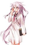  bespectacled blue_eyes braid glasses highres ia_(vocaloid) labcoat long_hair looking_at_viewer necktie open_mouth pink_hair sakuragi_ren simple_background solo twin_braids twintails very_long_hair vocaloid 