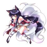  ahri animal_ears bare_shoulders blue_hair breasts cleavage detached_sleeves elk_(huge) facial_mark fox_ears fox_tail kneehighs league_of_legends long_hair multiple_tails ponytail smile solo tail white_background yellow_eyes 