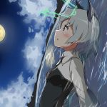  1girl animal_ears blush cat_ears cloud clouds green_eyes hirschgeweih_antennas military military_uniform moon necktie partially_submerged sanya_v_litvyak short_hair silver_hair sky solo strike_witches suisen_toire_(moko924) uniform water 