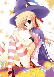  absurdres bell blonde_hair blue_eyes cap copyright_request hat highres huge_filesize mikeou plaid plaid_skirt pleated_skirt sitting skirt star striped striped_legwear stuffed_animal stuffed_toy thigh-highs thighhighs witch witch_hat 