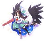  ahoge arm_cannon asyura7 bird_wings bow brown_hair cape hair_bow highres long_hair open_mouth puffy_sleeves red_eyes reiuji_utsuho short_sleeves solo third_eye touhou weapon wings 