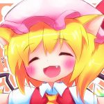  ^_^ animal_ears ascot ayakashi_(monkeypanch) blonde_hair blush bust cat_ears closed_eyes dress_shirt eyes_closed fang flandre_scarlet hat kemonomimi_mode open_mouth outstretched_arms shirt short_hair smile solo touhou wings 