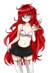  bra contrapposto copyright_request flat_chest glasses highres long_hair messy_hair midriff miniskirt navel pas_(paxiti) pleated_skirt purple_eyes red_hair redhead skindentation skirt smile solo strap_pull thigh-highs thighhighs underwear very_long_hair violet_eyes white_bra zettai_ryouiki 