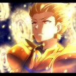  armor blonde_hair earrings fate/zero fate_(series) gate_of_babylon gilgamesh jewelry kamioyuu letterboxed red_eyes solo 