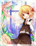  1girl absurdres blonde_hair bow flower hair_bow happy_birthday highres necktie outstretched_hand red_eyes ribbon rumia short_hair skirt solo touhou yuuhagi_(amaretto-no-natsu) 