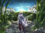  artist_request bamboo boots bow bug cloud clouds from_behind fujiwara_no_mokou grass hair_bow highres ladybug long_hair mountain nature pants ribbon scenery silver_hair sky solo touhou water 