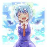  blue_hair bow cirno closed_eyes eyes_closed hair_bow ice ice_wings kousa_(black_tea) necktie open_mouth short_hair short_sleeves smile solo touhou wings 