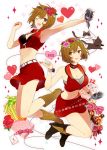  2girls alcohol armpits blush boots breasts brown_eyes brown_hair cake candy cat cleavage eyelashes flower food fruit gift head_wreath jumping letter looking_at_viewer meiko meiko_(vocaloid3) microphone multiple_girls navel open_mouth sake short_hair skirt smile sparkle strawberry vocaloid wire yoshiki 