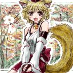 :d alternate_hair_color animal_ears bare_shoulders bell blonde_hair bridal_gauntlets collar detached_sleeves fang inubashiri_momiji nanashii_(soregasisan) open_mouth red_eyes short_hair smile solo tail touhou wolf_ears wolf_tail 