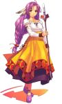  braid brown_eyes dress expressionless hirano_katsuyuki long_hair neige_(spectral_souls) official_art purple_hair shoes solo spectral_(series) spectral_souls wand white_background yellow_dress 