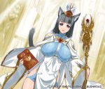  animal_ears between_breasts black_hair blue_eyes book breasts brooch cat_ears cat_tail hat jewelry kami_neko-hi_laara kusaka_souji large_breasts monster_collection nail_polish official_art parted_lips solo sparkle staff tail 