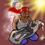  1boy bandana bandanna beard dakimakura_(object) dark_skin facial_hair jesus kneeling muscle original pillow rule_34 sad tank_top tears triple-q tupac_shakur 