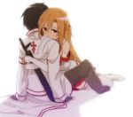  1girl asuna_(sao) black_hair brown_eyes brown_hair comforting crying detached_sleeves hug kirito long_hair pleated_skirt r1boy red_skirt rin_(royal) sheath short_hair simple_background skirt spoilers sword_art_online tears thigh-highs thighhighs weapon white_background white_legwear 