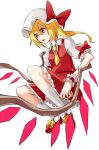  blonde_hair bow crystal flandre_scarlet hat hat_bow necktie puffy_sleeves shirofox short_hair short_sleeves side_ponytail solo touhou white_background wings wrist_cuffs 