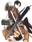  2boys 3dmg ascot black_hair boots eren_jaeger human_furniture jacket levi_(shingeki_no_kyojin) multiple_boys oba-min shingeki_no_kyojin sword weapon 