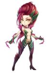  absurdres boots breasts chibi earrings fukafusa high_heels highres jewelry league_of_legends long_hair monster_girl navel red_hair redhead shoes solo thigh_boots thighhighs thorns vines white_background yellow_eyes zyra 