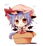  :&lt; animal_ears ascot bat_wings blue_hair blush box brooch cardboard_box cat_ears cat_tail chibi dress for_adoption hat hat_ribbon in_box in_container jewelry looking_at_viewer pink_dress red_eyes remilia_scarlet ribbon short_hair simple_background solo tail tosura-ayato touhou translated uu~ white_background wings 