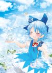  berry_jou blue_hair blush bow cirno closed_eyes dress eyes_closed flower frog frozen hair_bow highres open_mouth short_sleeves sky smile snail touhou umbrella 