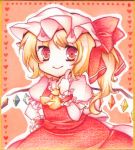  ascot blonde_hair blush bow crystal flandre_scarlet hat hat_bow lowres puffy_sleeves red_eyes sanotsuki shikishi short_hair short_sleeves side_ponytail smile solo touhou traditional_media wings wrist_cuffs 