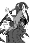  1girl akechi_mitsuhide_(oda_nobuna_no_yabou) armor breastplate greyscale hair_ornament hakama japanese_clothes katana long_hair low-tied_long_hair monochrome ningen_(ningen96) oda_nobuna_no_yabou profile simple_background solo sword weapon white_background 