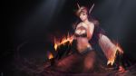  black_wings breasts burning burning_hair circlet cleavage fire highres instant-ip league_of_legends lips long_hair morgana pointy_ears purple_hair red_eyes sitting solo widescreen wings 