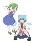  blue_eyes blue_hair blush bow cirno dai_(touhou_handdrawn) daiyousei detached_wings fairy_wings green_eyes green_hair hair_bow ice ice_wings multiple_girls puffy_sleeves short_hair short_sleeves side_ponytail sitting smile standing touhou white_background wings 