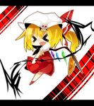  &gt;_&lt; bad_id blonde_hair closed_eyes crystal eyes_closed flandre_scarlet hat hat_ribbon kiilowolf open_mouth puffy_sleeves ribbon short_hair short_sleeves side_ponytail solo touhou wings 