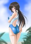  blush brown_hair competition_swimsuit from_behind long_hair looking_back misnon_the_great muvluv muvluv_alternative muvluv_total_eclipse one-piece_swimsuit purple_eyes swimsuit takamura_yui violet_eyes 