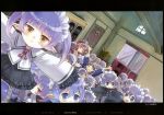  :&lt; arms_up atelier_(series) atelier_totori brown_hair chimu_(atelier_totori) clone closed_eyes eyes_closed happy kishida_mel multiple_girls official_art pointy_ears purple_eyes purple_hair rororina_fryxell short_hair short_twintails skirt too_many totooria_helmold twintails violet_eyes yellow_eyes 