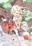  :d alternate_wings bird blonde_hair bloomers blush branch closed_eyes eyes_closed fang feet_in_water fish flandre_scarlet happy hat hat_removed headwear_removed highres in_tree long_hair open_mouth shoes_removed shunsuke side_ponytail sitting sitting_in_tree smile soaking_feet solo touhou tree water wings 