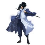  absurdres artist_request basilisk basilisk_(manga) black_hair full_body hakama highres japanese_clothes katana kouga_gennosuke looking_at_viewer male official_art ponytail sandals solo sword unsheathed wafuku weapon white_background wide_sleeves yellow_eyes 