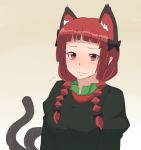  alternate_hairstyle animal_ears bangs blunt_bangs blush braid cat_ears cat_tail dai_(touhou_handdrawn) face kaenbyou_rin long_hair long_sleeves multiple_tails pointy_ears puffy_sleeves red_eyes red_hair redhead solo tail touhou twin_braids 