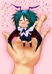 antenna_hair blush cape chibi closed_eyes eyes_closed green_hair hands long_sleeves madara_inosuke open_mouth outstretched_arms puffy_sleeves short_hair shorts solo standing touhou wriggle_nightbug 