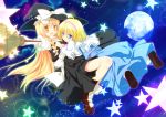  :d alice_margatroid blonde_hair blue_eyes bow broom capelet full_moon hairband hat hat_bow hat_ribbon holding inose_riku kirisame_marisa looking_at_viewer moon multiple_girls open_mouth outstretched_arm ribbon smile sparkle star touhou witch_hat yellow_eyes 