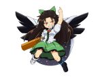  al_bhed_eyes arm_cannon black_wings bow brown_hair cape clenched_teeth dai_(touhou_handdrawn) grin hair_bow long_hair puffy_sleeves red_eyes reiuji_utsuho short_sleeves smile solo third_eye touhou weapon wings 