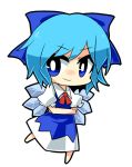  bad_id blue_eyes blue_hair bow chibi cirno dress hair_bow ice ice_wings kiilowolf puffy_sleeves short_hair short_sleeves smile solo touhou white_background wings 