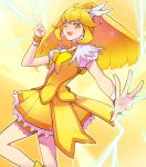  31 ;d bike_shorts blonde_hair bowtie brooch choker cure_peace dress highres jewelry kise_yayoi long_hair magical_girl open_mouth precure shorts_under_skirt skirt smile smile_precure! solo v wink wrist_cuffs yellow yellow_background yellow_dress yellow_eyes 