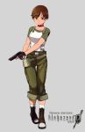  breasts brown_eyes brown_hair bulletproof_vest choker earrings jewelry koha_(cgcat) pants_rolled_up pouch rebecca_chambers resident_evil resident_evil_0 short_hair solo t-shirt thigh_gap 