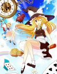  :d ;d alice_in_wonderland alice_margatroid animal_ears blonde_hair bobby_socks bow braid broom broom_riding brown_hair bunny_ears card chain chains chair cloud clouds dress flower frilled_dress frills hair_bow hat inaba_tewi kirisame_marisa long_hair looking_at_viewer mary_janes missnips multiple_girls open_mouth panties pantyshot rabbit_ears rainbow roman_numerals shoes sidesaddle sitting sky smile socks touhou underwear watch white_panties wink witch witch_hat 
