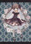  absurdres blue_eyes bow brown_hair card copyright_request dress frilled_dress frills grey_legwear hair_bow highres inugami_kira off_shoulder open_mouth playing_card shoes solo thigh-highs thighhighs twintails 