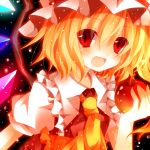  apple ascot blonde_hair blush crystal face fang flandre_scarlet food fruit hat lowres mog_(artist) open_mouth puffy_sleeves short_hair short_sleeves side_ponytail solo touhou wings 