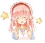  :d ^_^ blush bust closed_eyes eyes_closed headphones highres long_hair nitroplus okitakung open_mouth pink_hair raglan_sleeves simple_background sketch smile solo star super_sonico white_background 